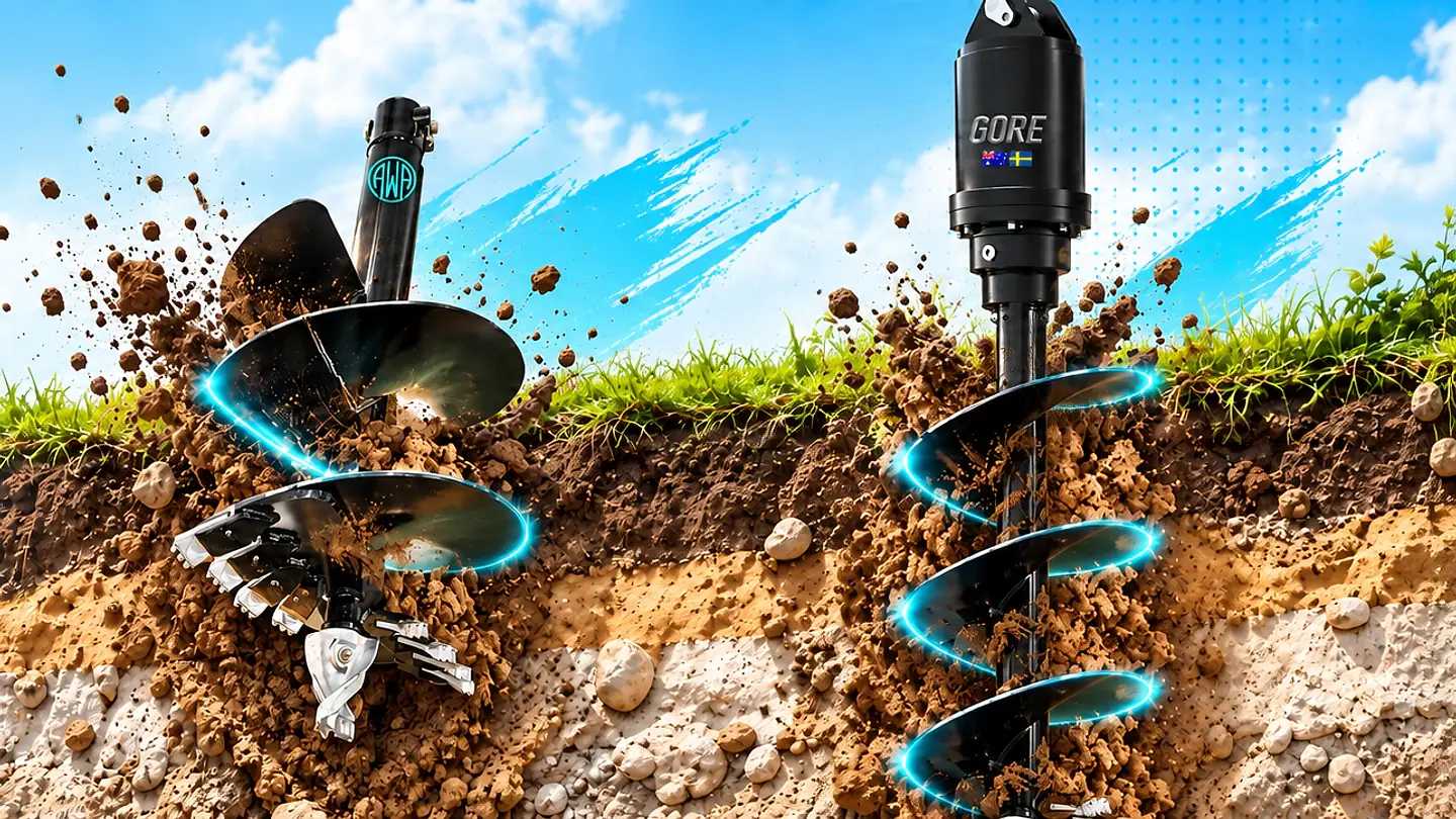 Erdbohrer mit Hartmetallzähnen und Bohrspitze im Boden