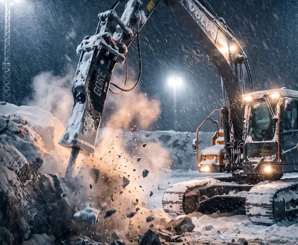 GORE Hydraulikhammer beim Aufbrechen von Fels in einer verschneiten Winternacht