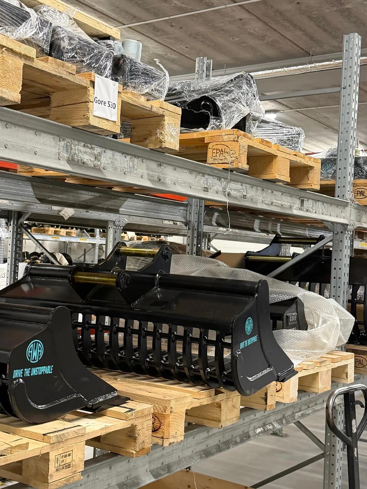 AWA skeleton buckets on pallets in our warehouse in Saltsjö-Boo