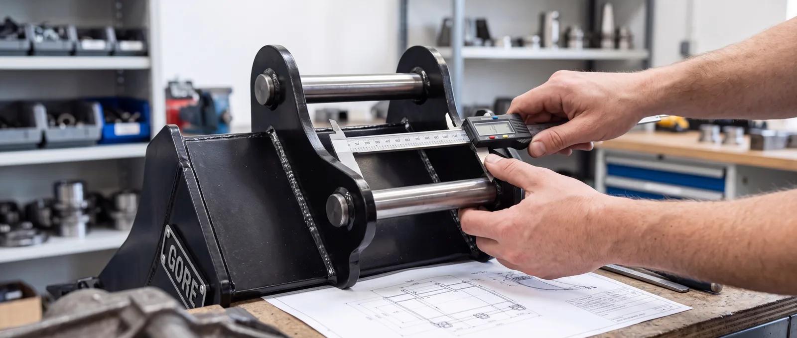 Hands measuring the pin spacing on a GORE hitch with a caliper