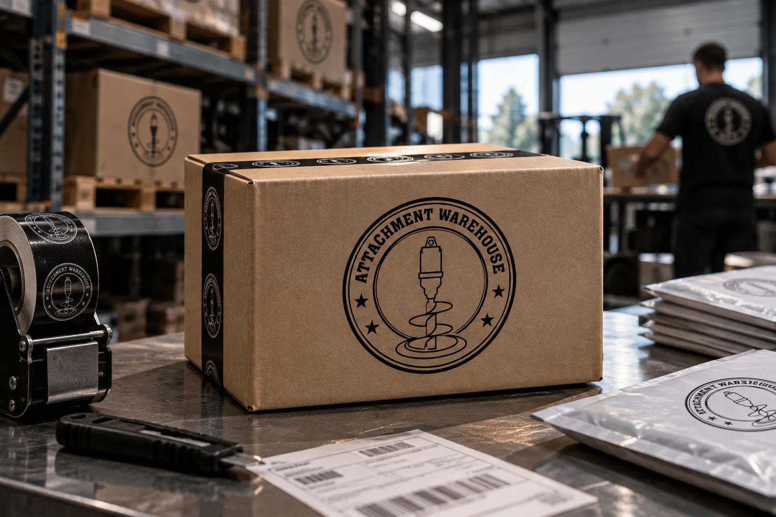 A branded Attachment Warehouse parcel box on the packing bench, with tape and padded mailers beside it