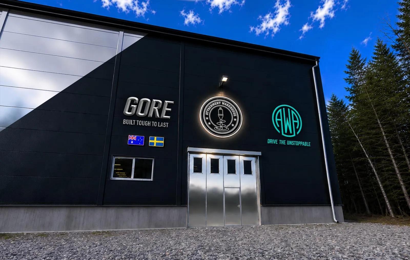 Our warehouse in Saltsjö-Boo: the black front with the GORE, Attachment Warehouse and AWA signs above the doors