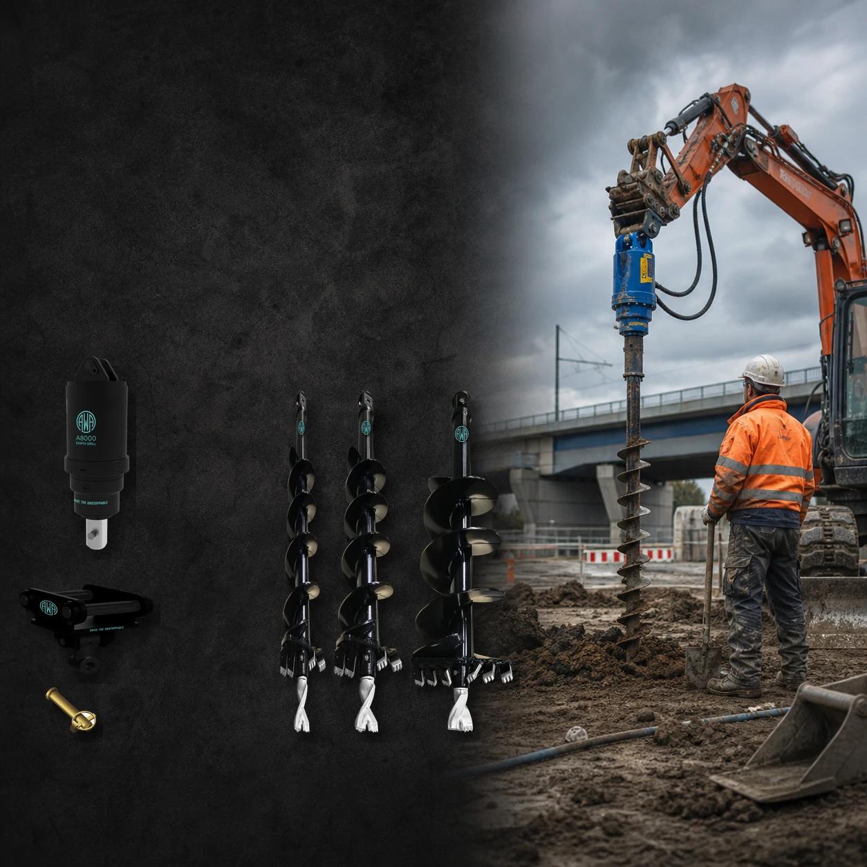 Foundations & Groundwork A8000 + S45, excavator attachment for excavators, S45 hitch. AWA at Attachment Warehouse.