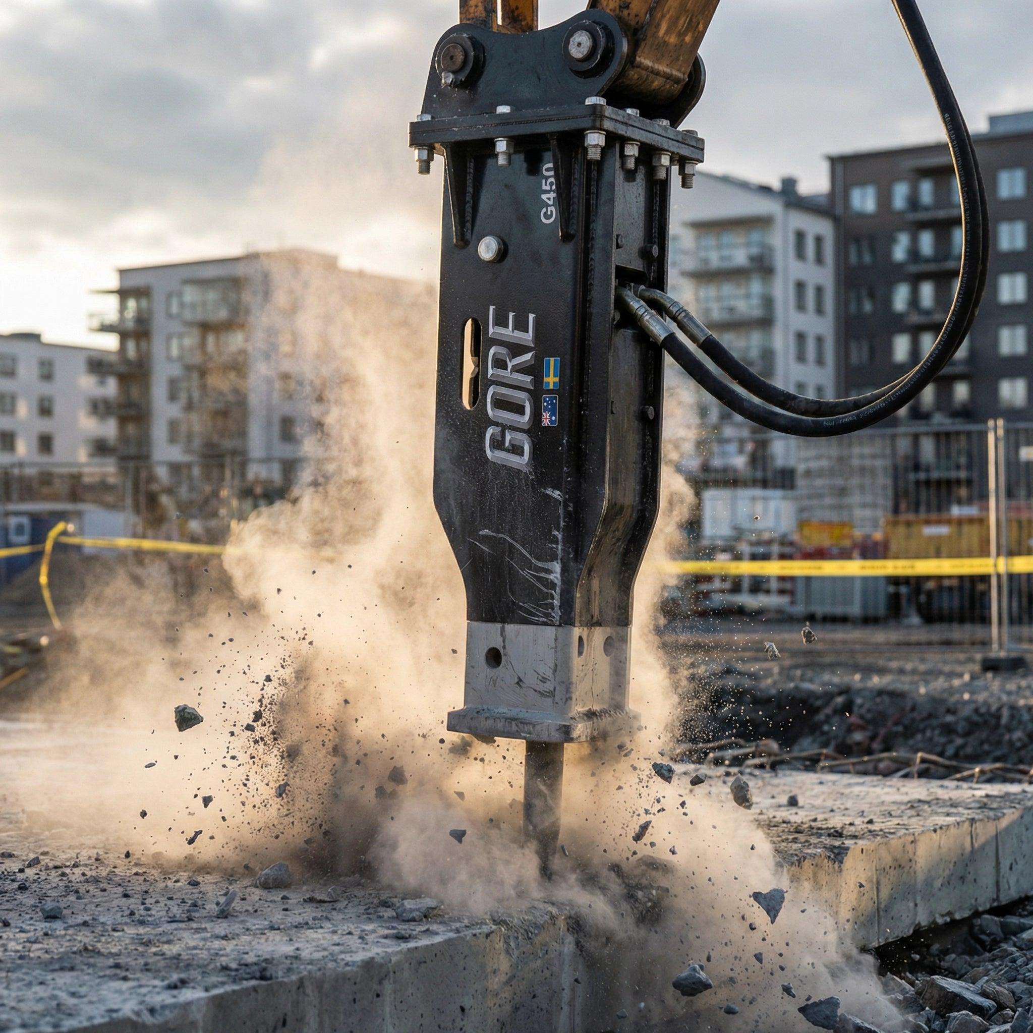 GORE Hydraulhammare S60 - G1000, sedd bakifrån. GORE hos Attachment Warehouse.