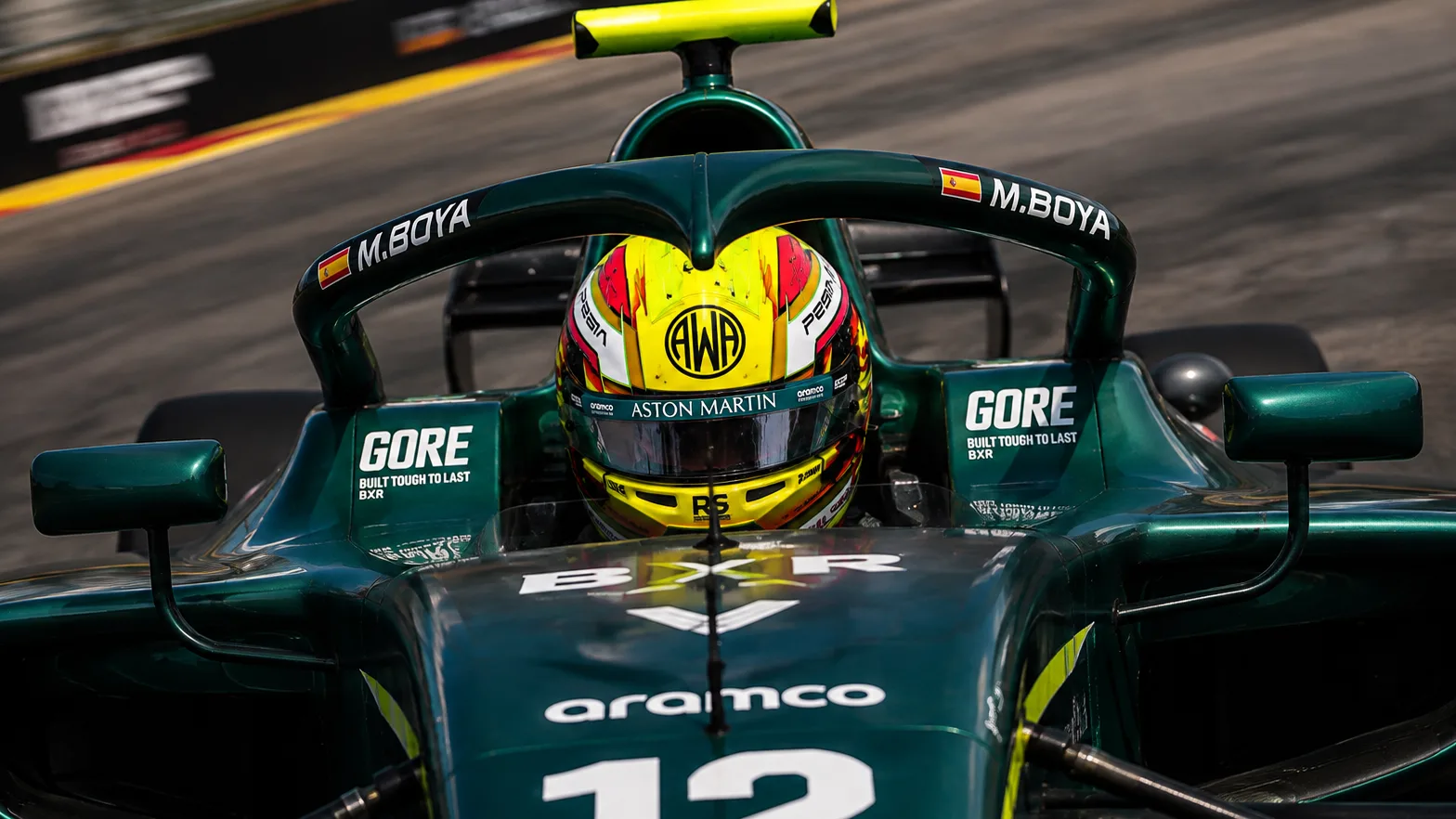 Mari Boya in the cockpit of car number 12 in FIA Formula 2, with GORE on both sides of the halo
