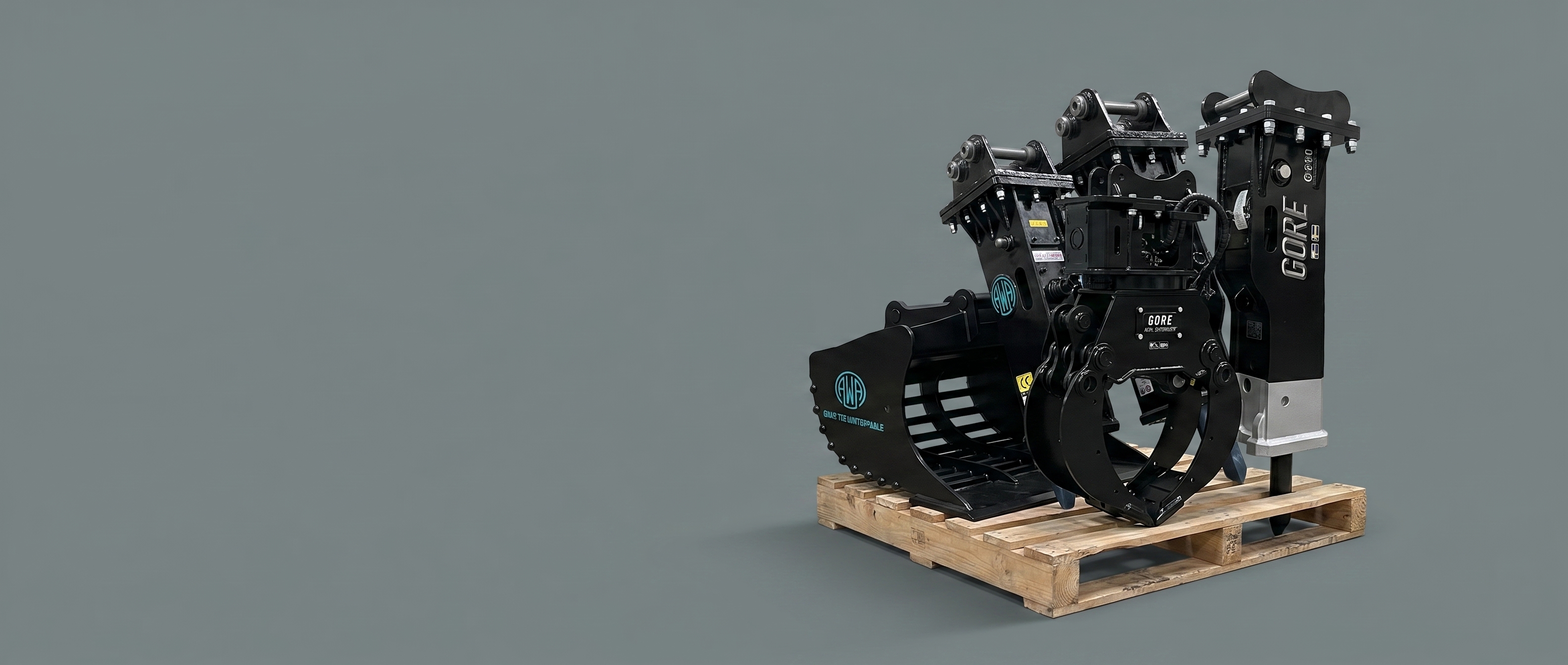 Three attachments on a pallet ready for bulk dispatch