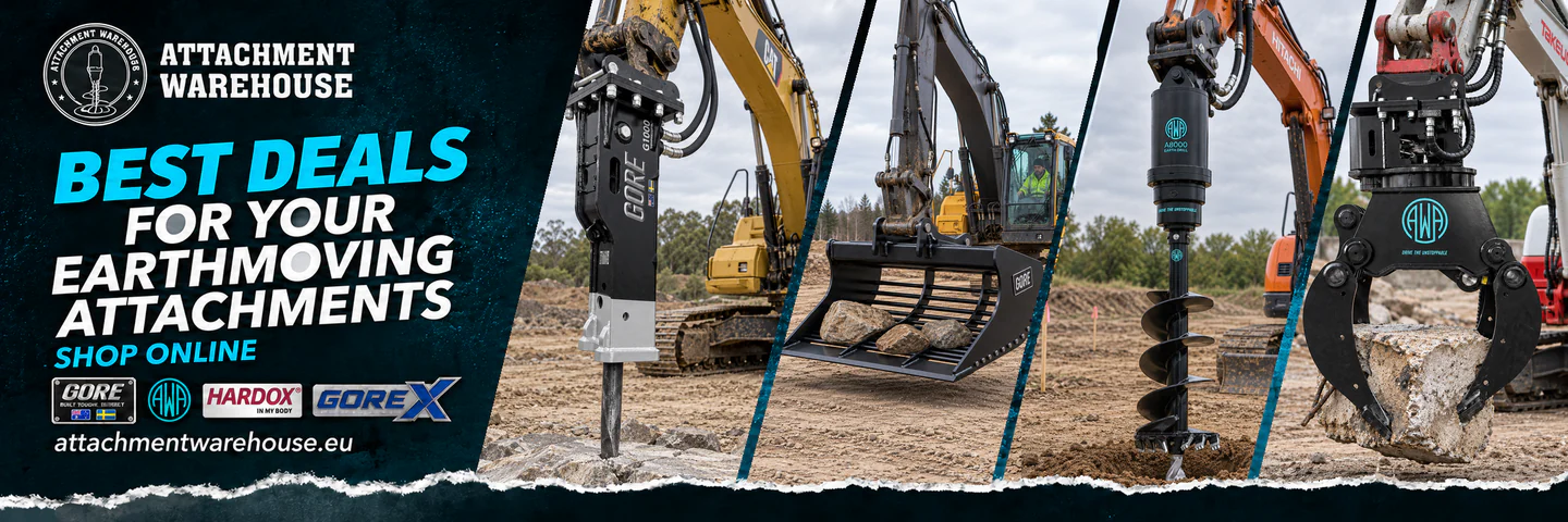 Four attachments on excavators: GORE G1000 hydraulic hammer, GORE Hardox skeleton bucket, AWA A8000 earth auger and AWA demolition grapple