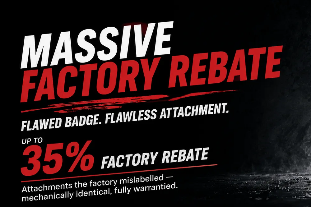 Massive Factory Rebate — up to 35% off attachments the factory mislabelled. Mechanically identical, fully warrantied.