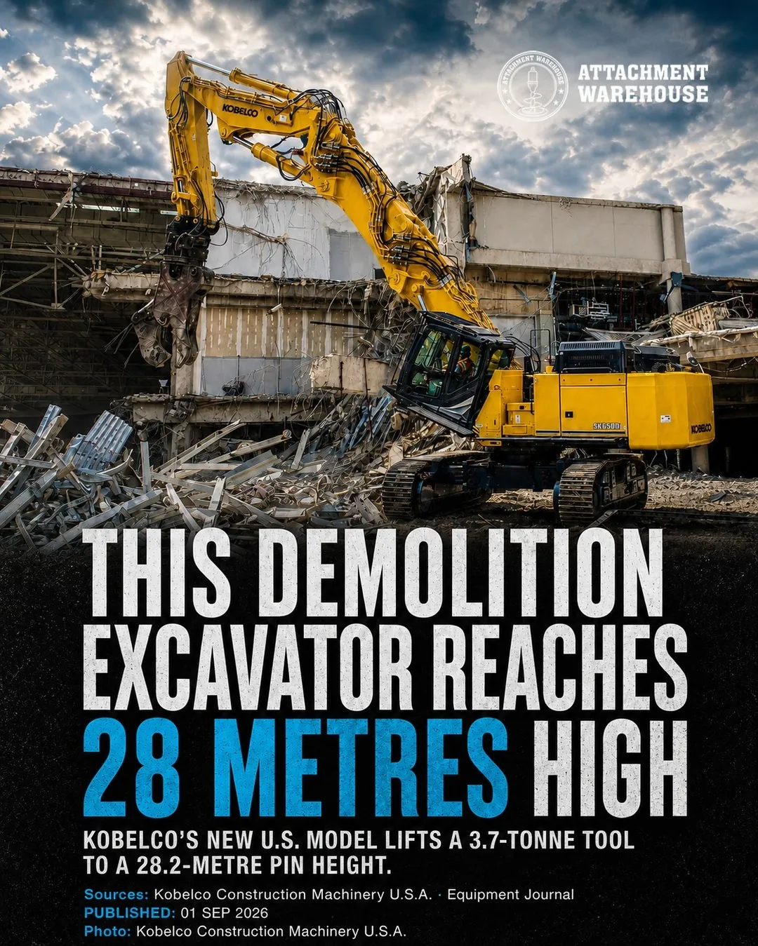 AI-generated illustration of a yellow long-reach demolition excavator at a building being torn down