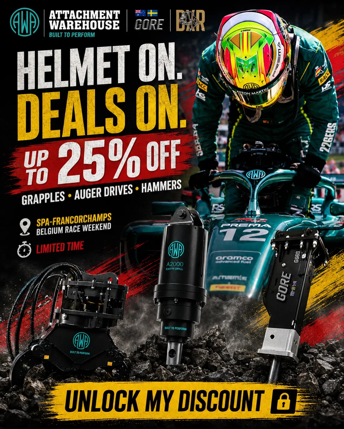 F2 sale campaign image for grapples, auger drives and hammers during the Spa-Francorchamps race weekend