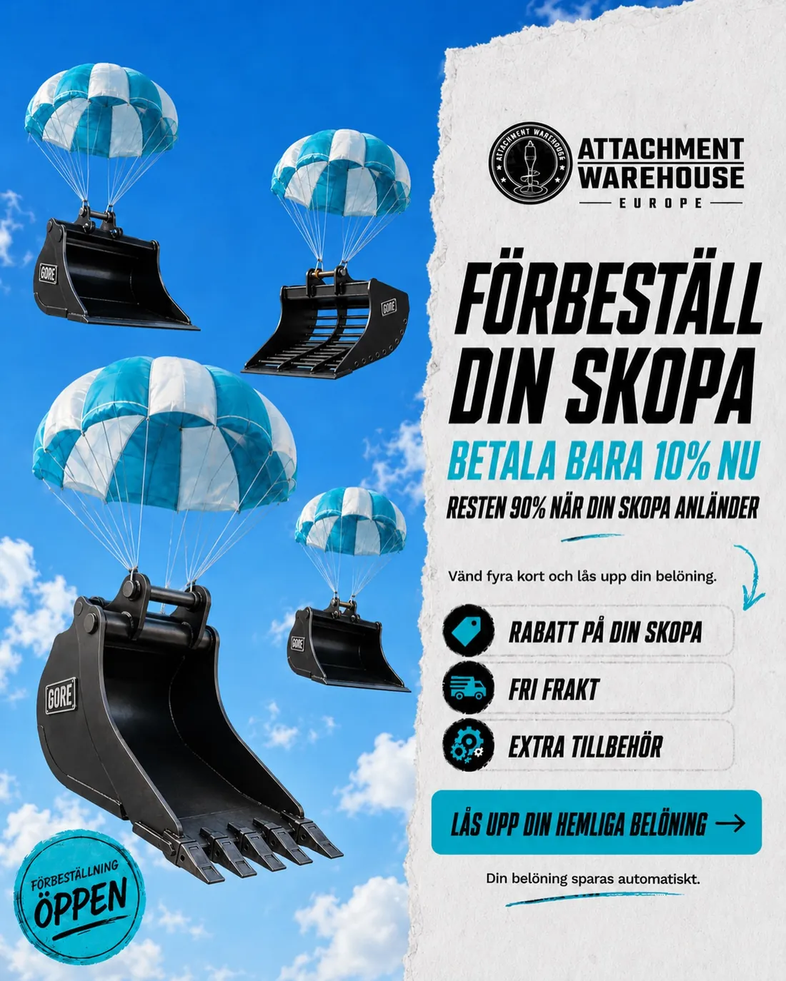 Bucket pre-order campaign image: GORE buckets on parachutes against a blue sky with the text pay only 10 percent now