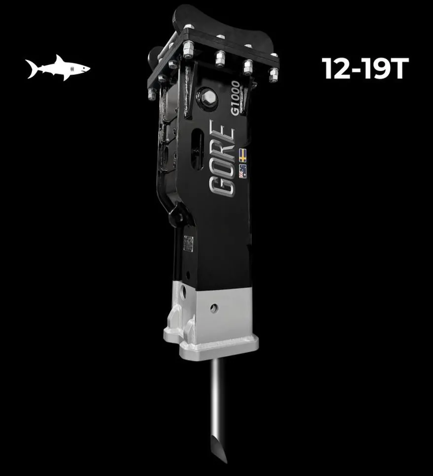GORE G1000 hydraulic hammer for 12 to 19 tonne excavators on a black background