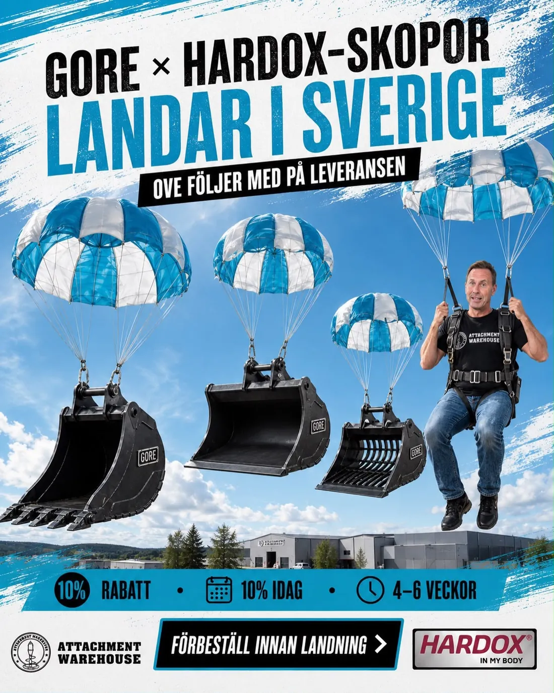 GORE x Hardox buckets campaign image with buckets on parachutes landing over a warehouse in Sweden