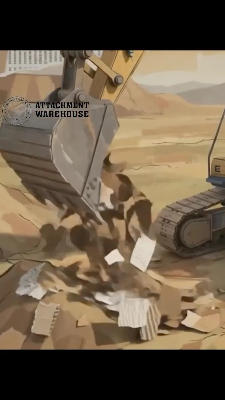 Excavator bucket breaking loose rock material, a still from our video on excavator hydraulics