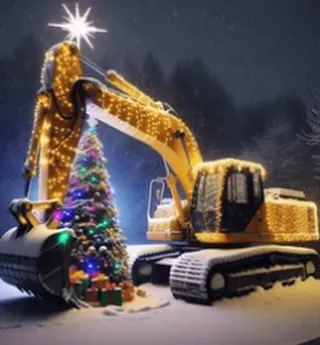 Christmas image of a tracked excavator covered in Christmas lights next to a Christmas tree in the snow