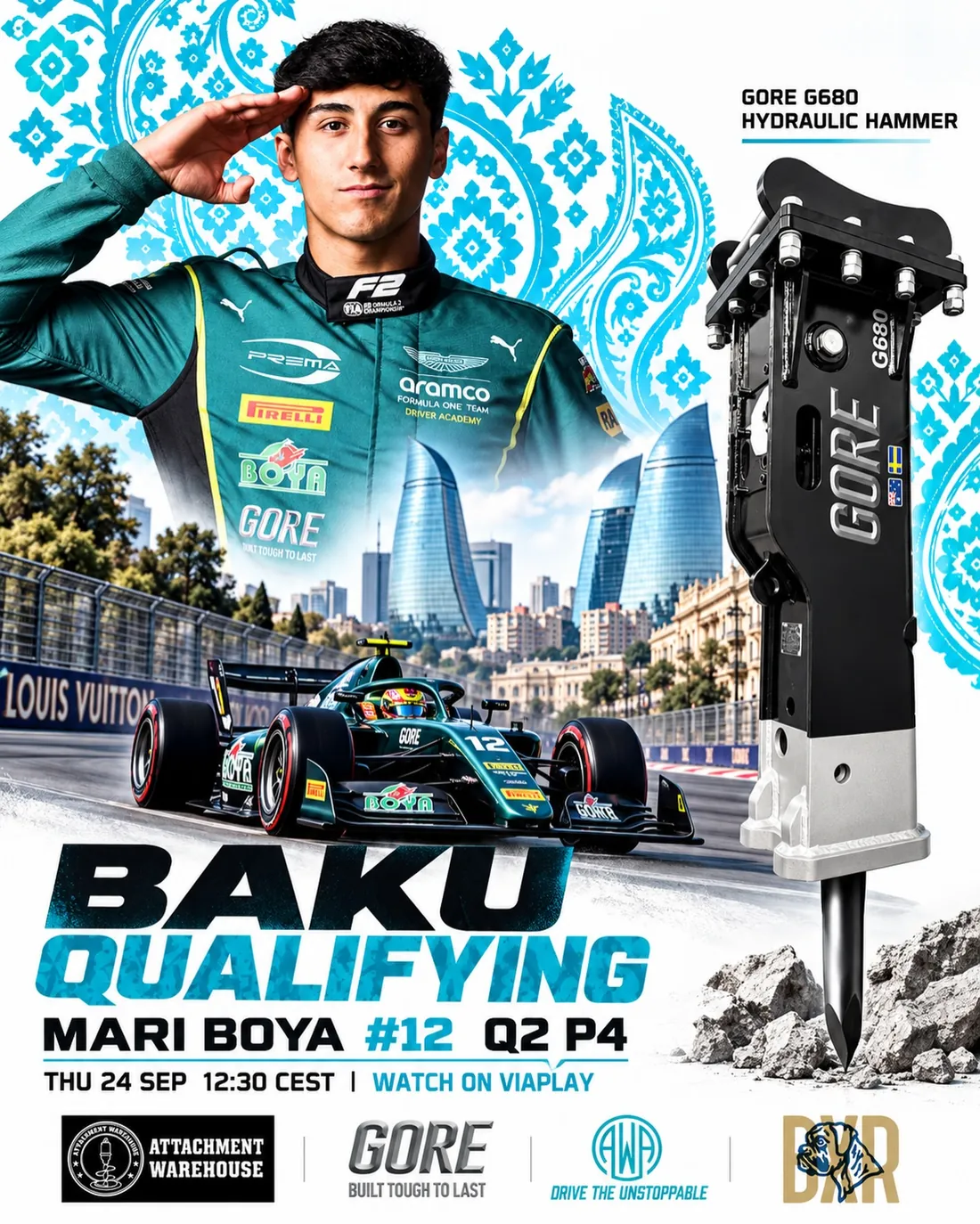 Baku qualifying poster: Mari Boya #12 saluting, P4, next to a GORE G680 hydraulic hammer