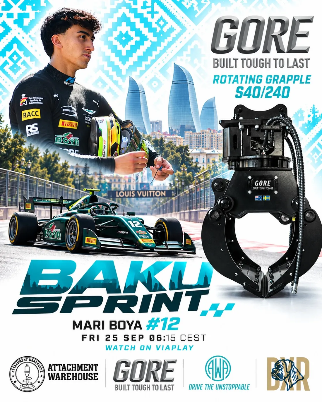 Baku Sprint Race poster with Mari Boya #12 and a GORE rotating grapple for an S40 hitch