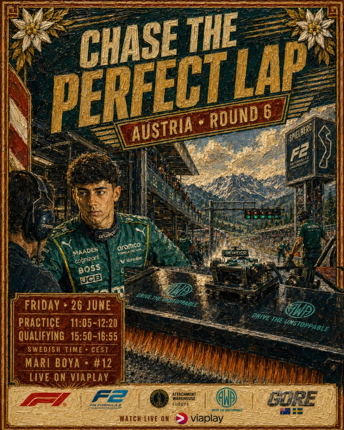 Painted Chase the Perfect Lap poster for qualifying day, Friday 26 June in Spielberg, with Mari Boya and a sweeper