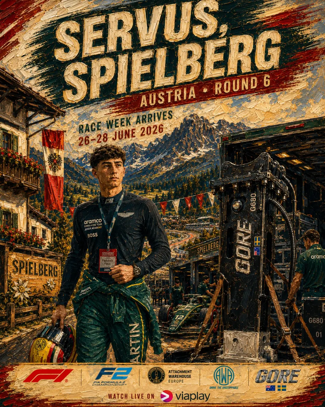 Painted Servus Spielberg poster for Formula 2 Round 6 in Austria with Mari Boya and a GORE G680 hydraulic hammer