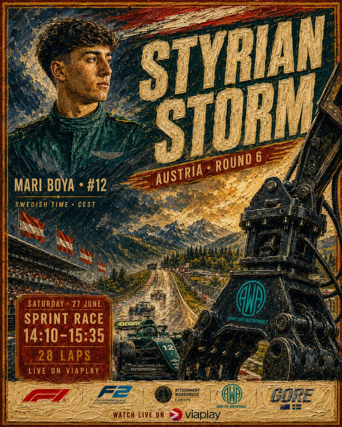 Painted Styrian Storm poster for the Sprint Race on Saturday 27 June in Spielberg with Mari Boya and an AWA rotating grapple