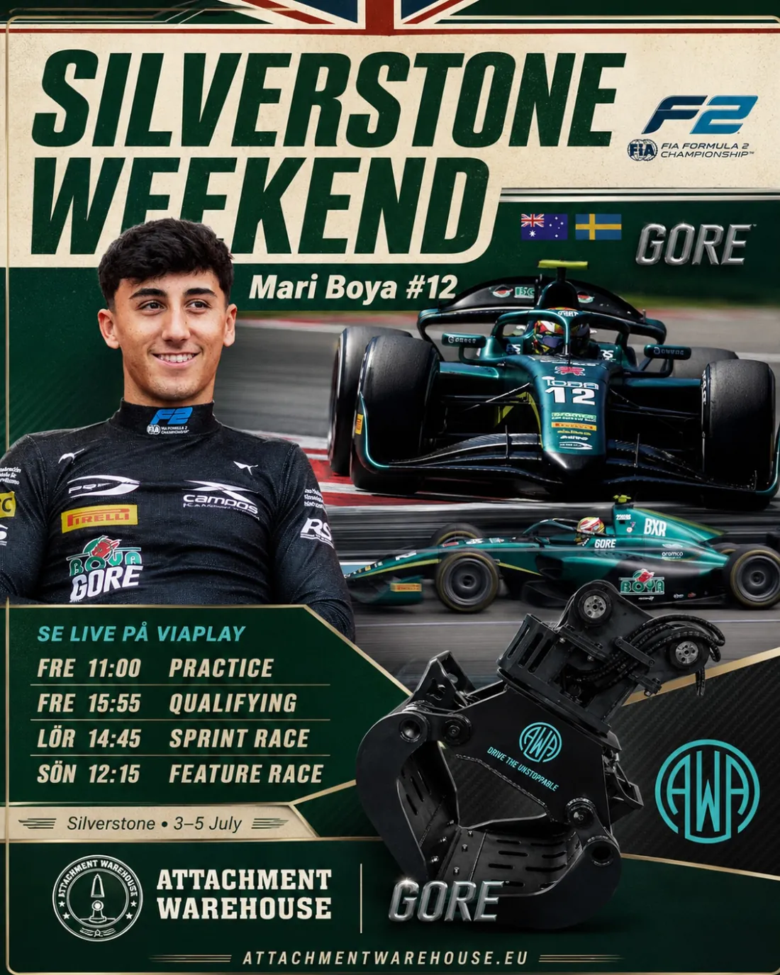 Silverstone Weekend poster with Mari Boya #12, his car and an AWA rotating grapple, with the session times