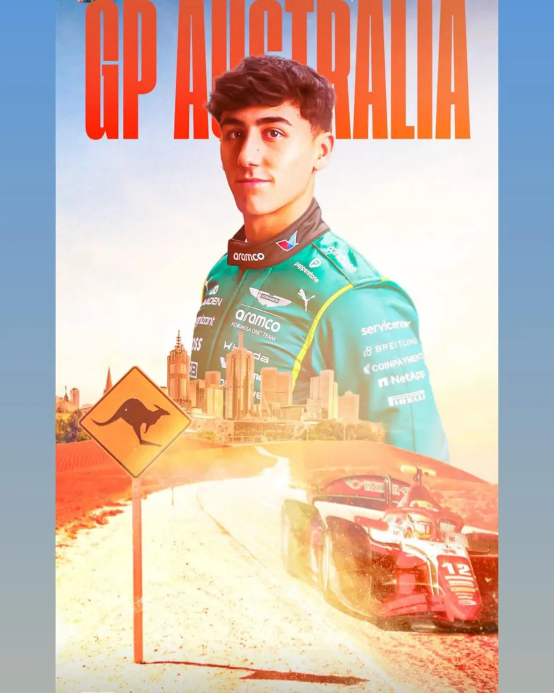 GP Australia poster with Mari Boya, a kangaroo road sign and his car #12 on a dirt road