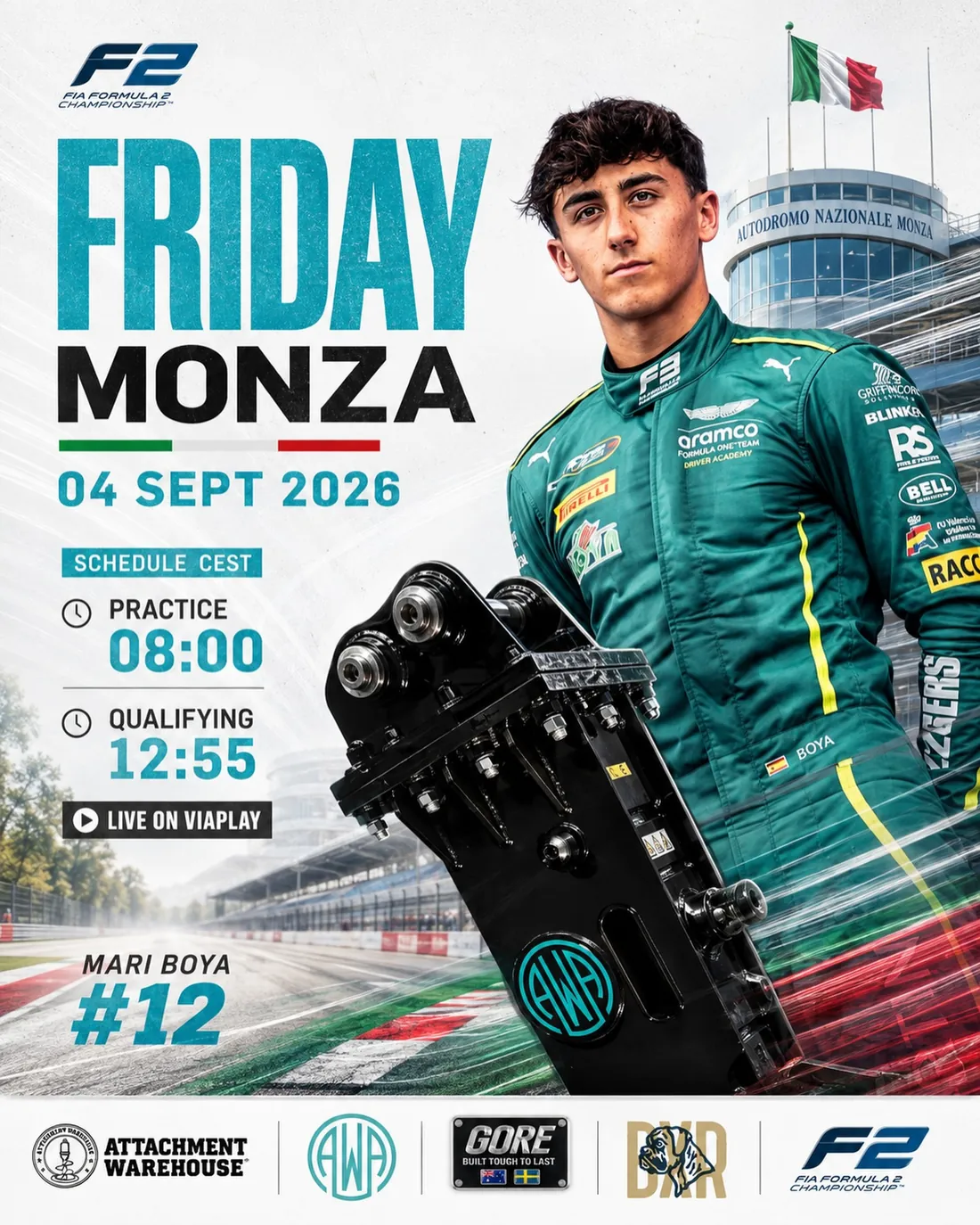Monza Friday poster for 4 September 2026 with Mari Boya #12 and an AWA excavator attachment
