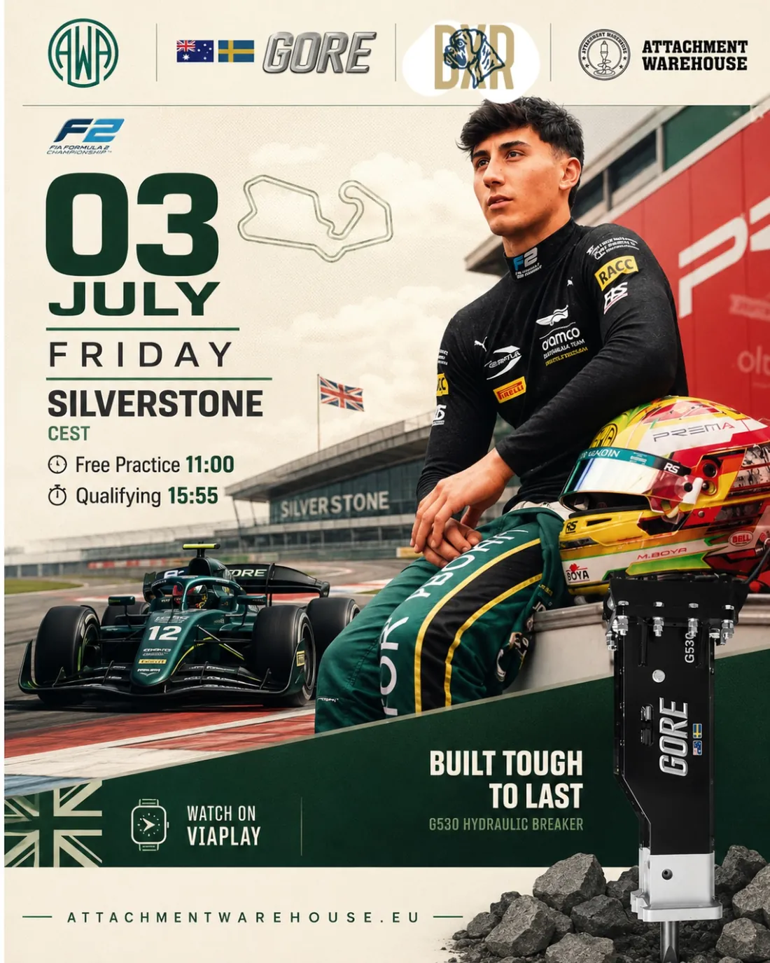 Silverstone poster for Friday 3 July with Mari Boya #12 and a GORE G530 hydraulic hammer