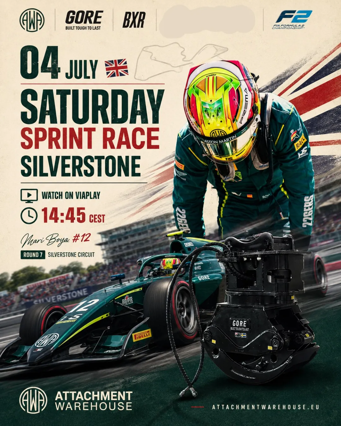 Silverstone Sprint Race poster for Saturday 4 July with Mari Boya #12 and a GORE rotating grapple