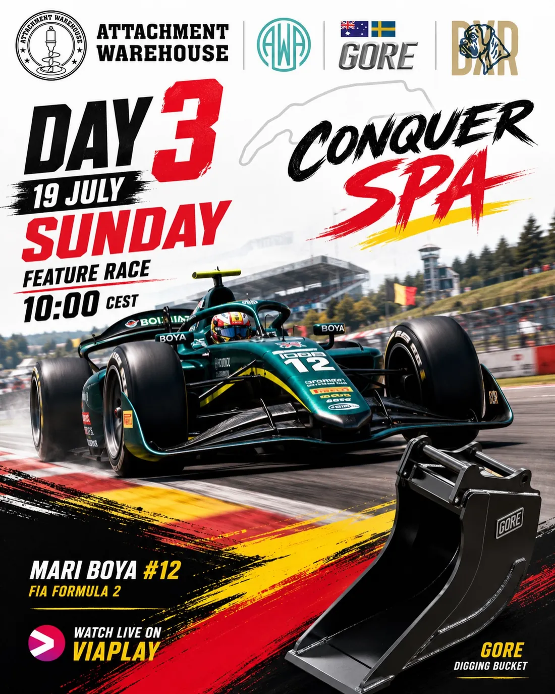 Spa-Francorchamps Feature Race poster for Sunday 19 July with car #12 and a GORE digging bucket