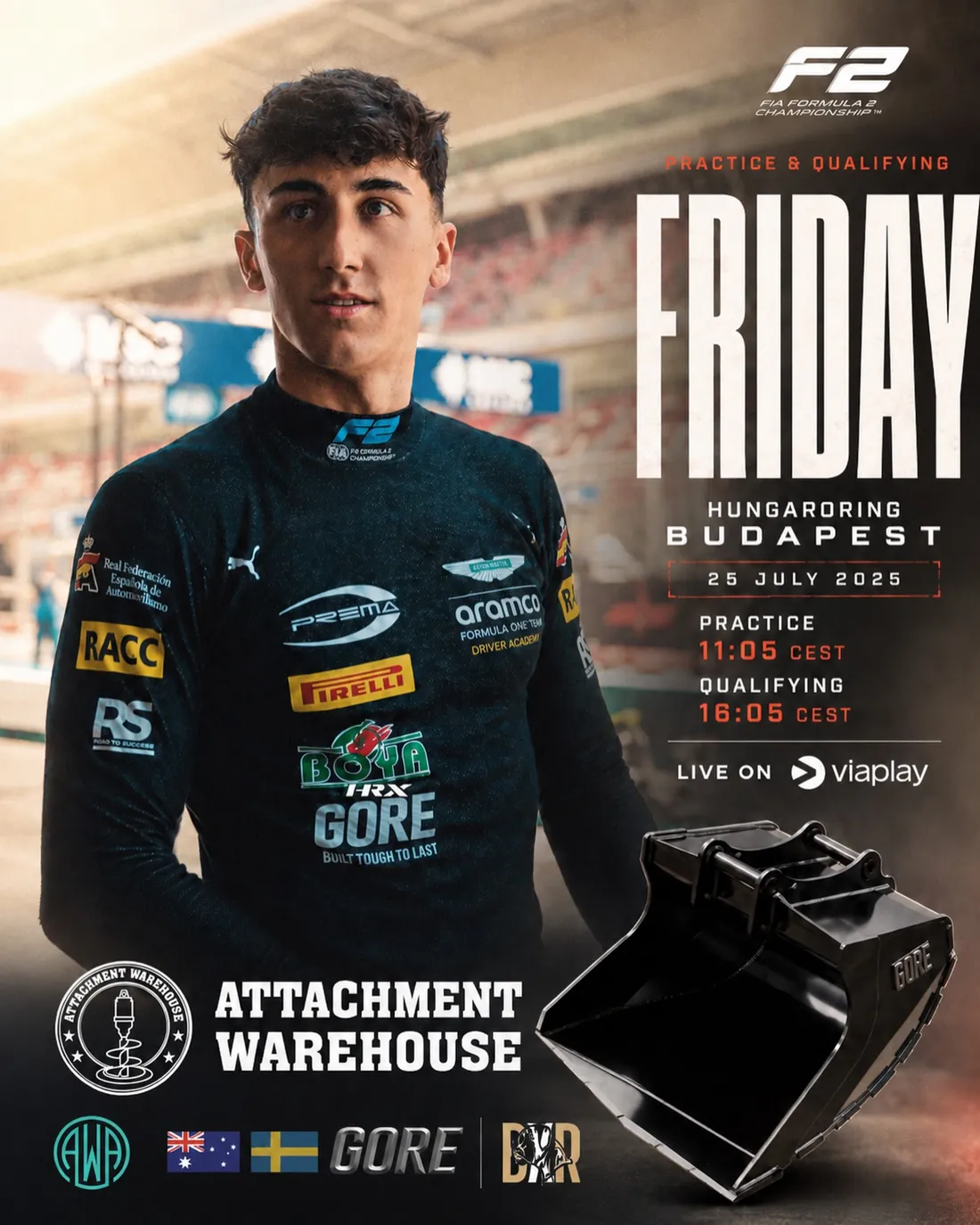 Poster for Friday practice and qualifying at the Hungaroring with Mari Boya #12 and a GORE skeleton bucket
