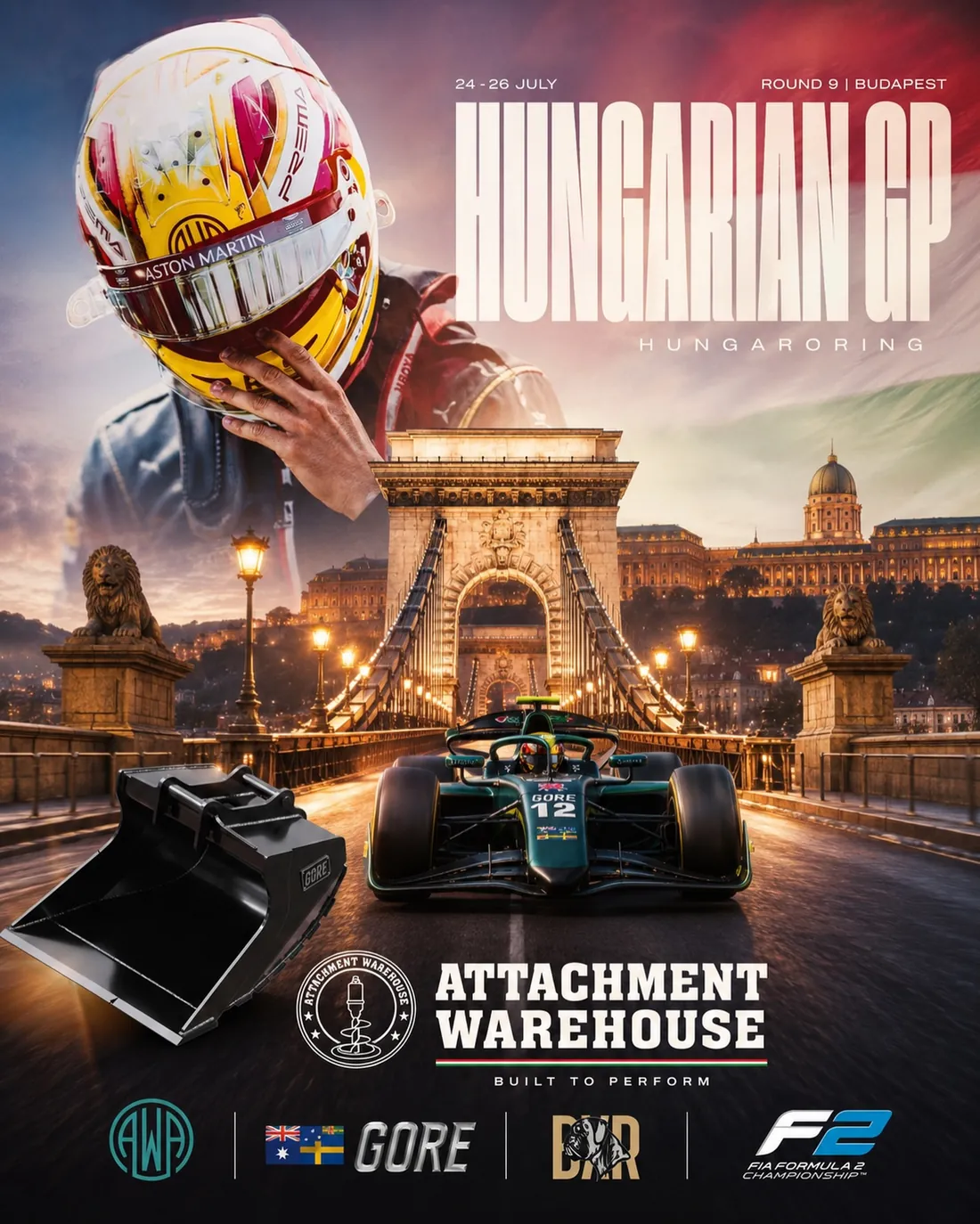 Hungarian GP poster for the Hungaroring with Mari Boya #12, the Chain Bridge in Budapest and a GORE bucket