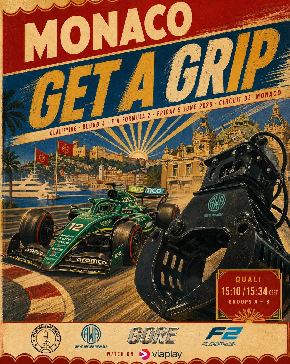 Attachment Warehouse Monaco-Plakat „Get a Grip“, FIA Formel 2 Qualifying, Mari Boya mit einem rotierenden AWA-Greifer