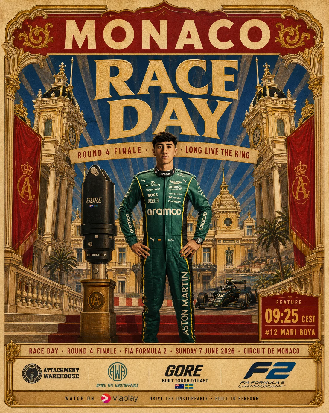 Attachment Warehouse Monaco-Plakat zum Renntag, FIA Formel 2 Lauf 4 Finale, Fahrer Mari Boya mit einem GORE Hydraulikhammer