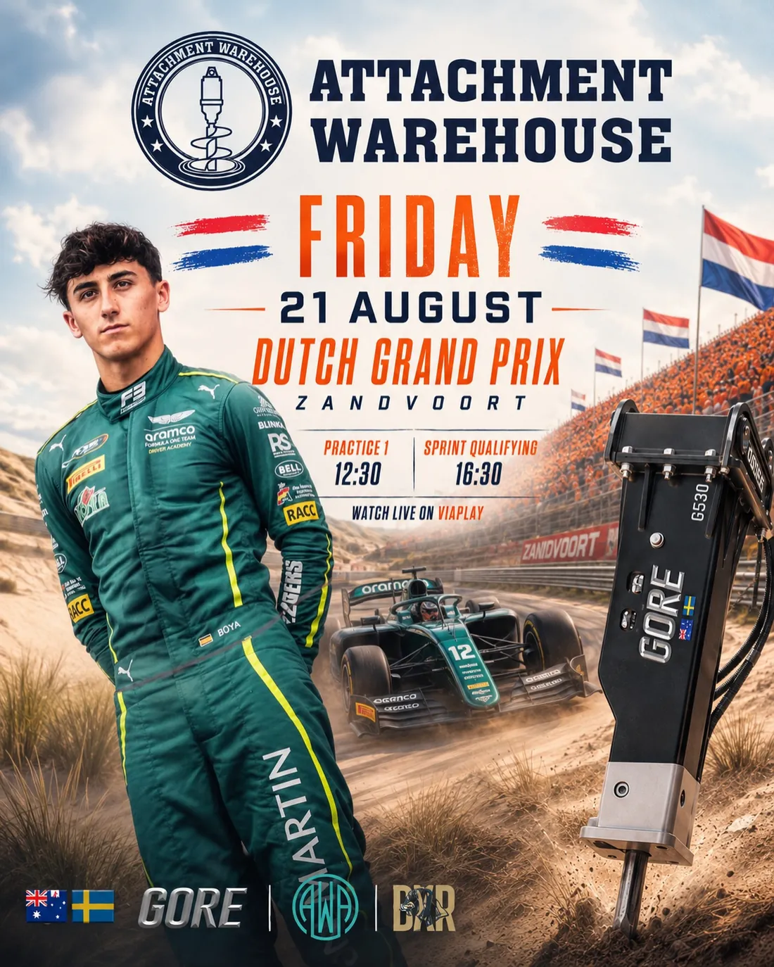 Dutch Grand Prix poster for Zandvoort, Friday 21 August, with Mari Boya #12 and a GORE G530 hydraulic hammer